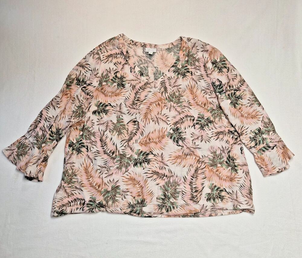 J.Jill Love Linen Top Tropical Palm Print Women's Large 100% Linen Coastal Beach